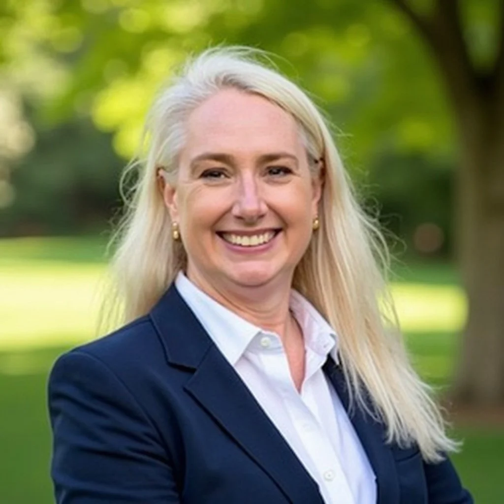 A smiling woman with long blonde hair, wearing a navy blazer and white blouse, standing outdoors with green trees and grass in the background.