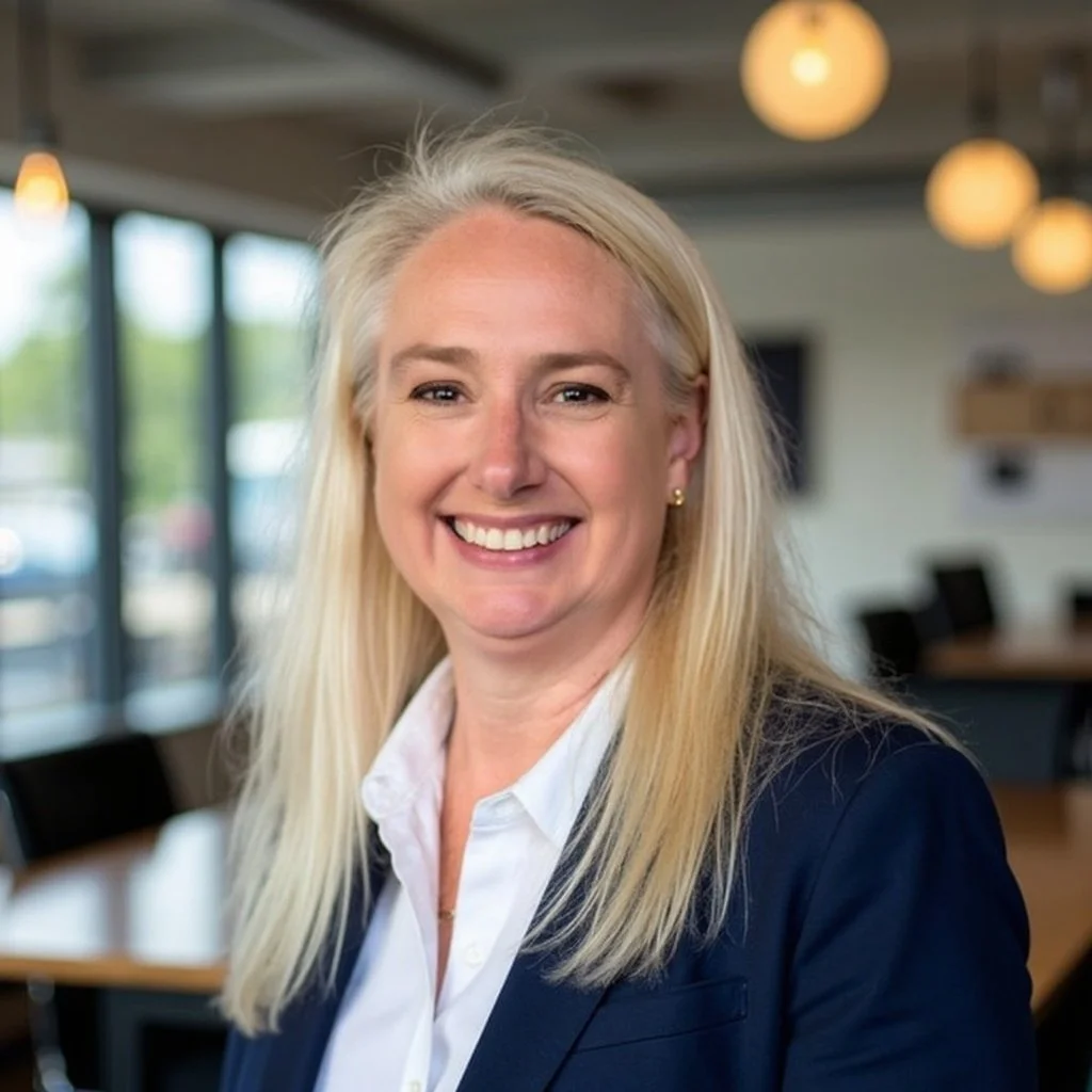 A smiling blonde woman in a navy blazer and white shirt in a modern office with large windows, hanging lights, and conference tables.