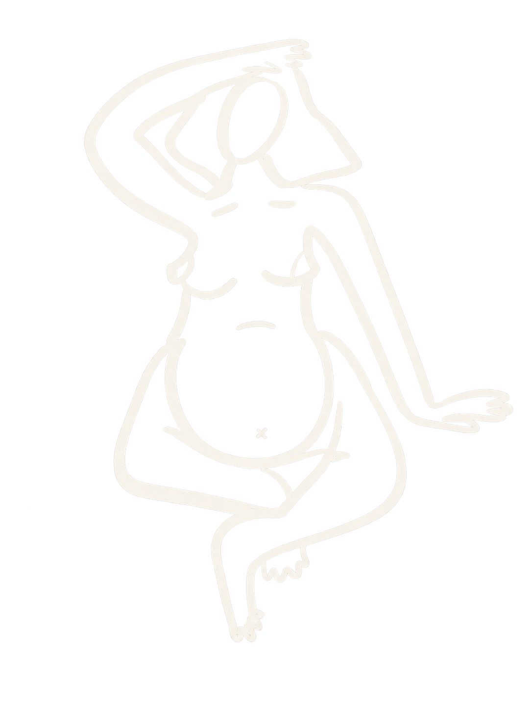 En minimalistisk tegning af en kvinde i en afslappet positur, siddende med et ben over det andet, med lange hår, der falder over skuldrene.