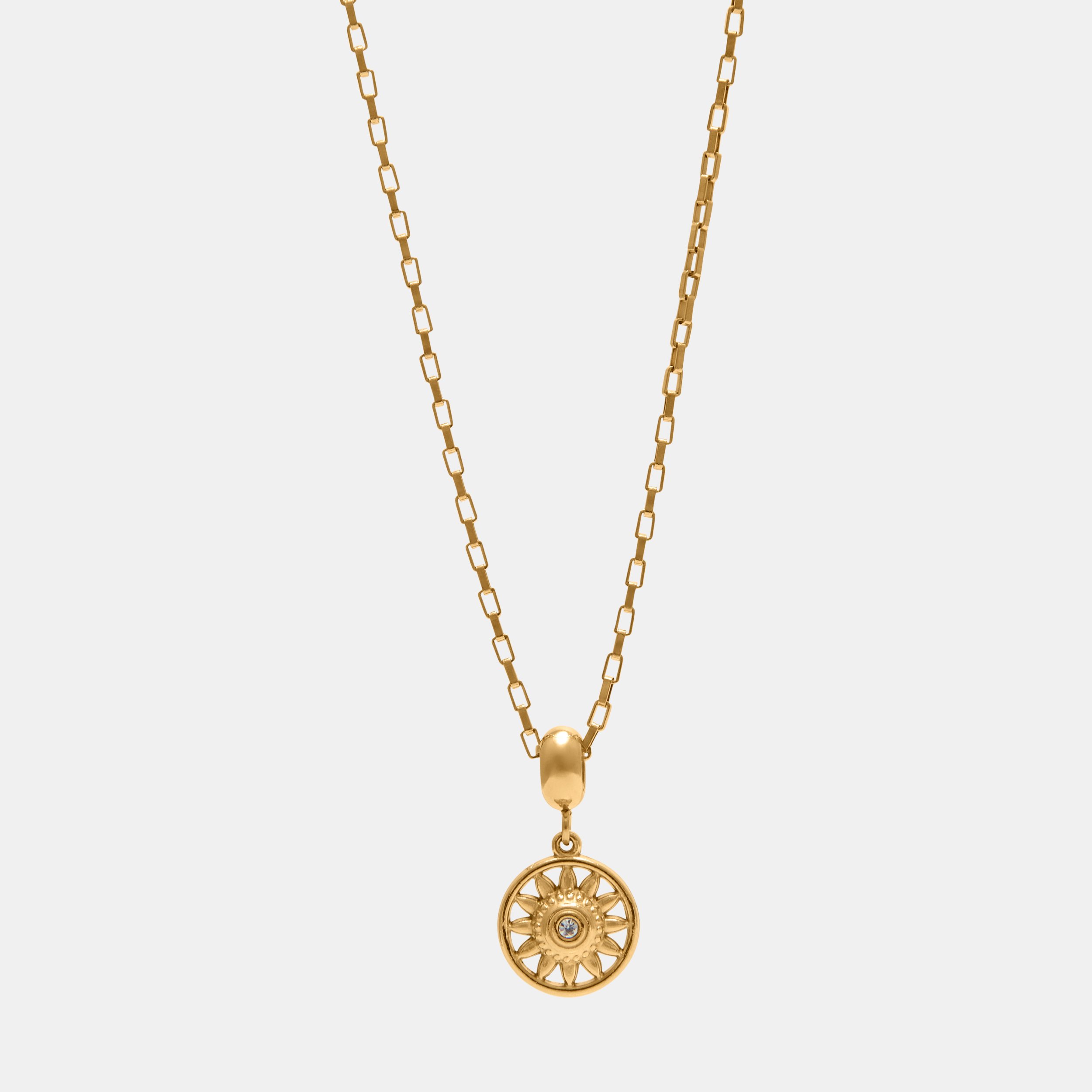 SUN WORSHIP CHARM PENDANT NECKLACE ON BOX CHAIN