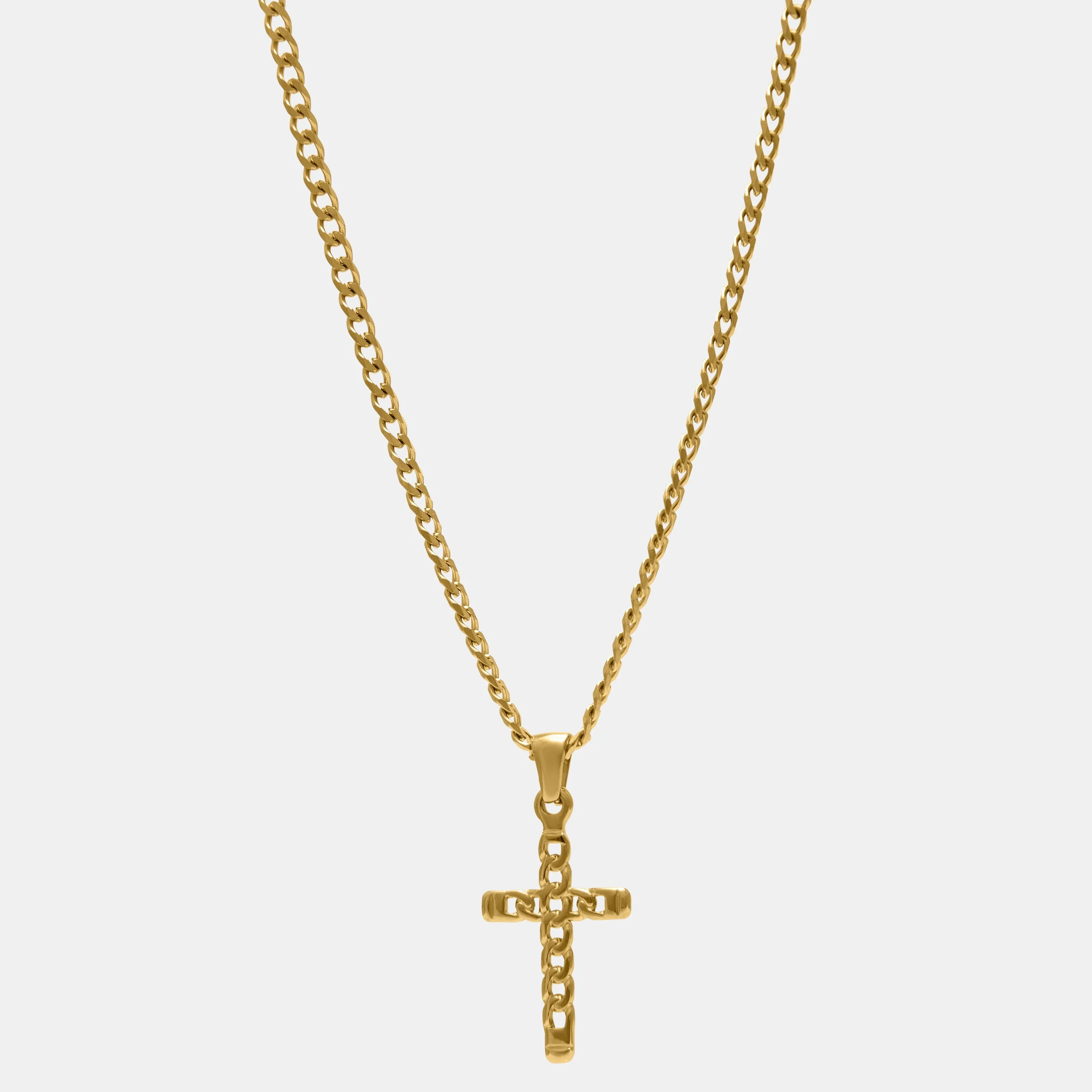 CHAIN CASTED CROSS PENDANT NECKLACE ON CURB CHAIN