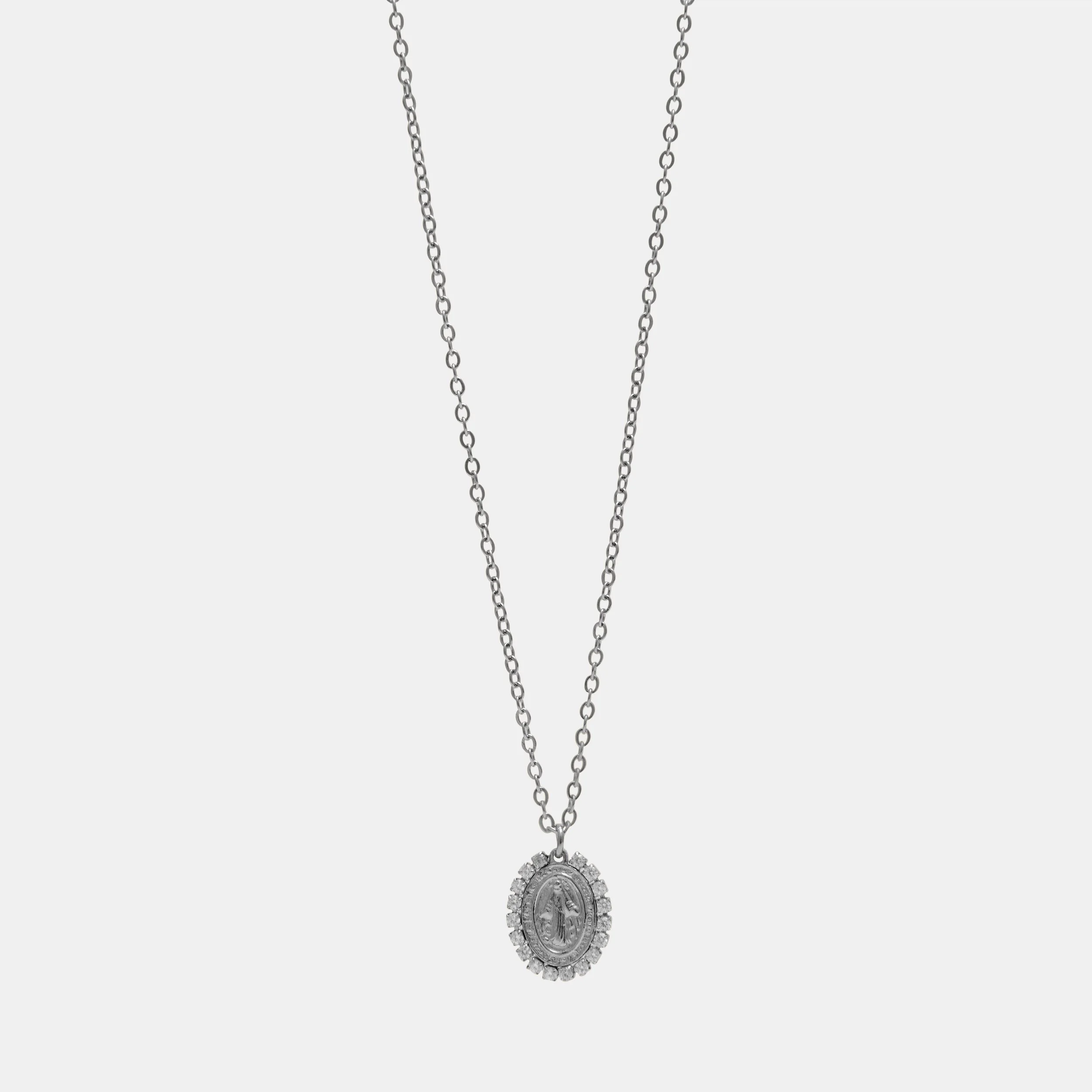 CRYSTAL FRAMED VIRGIN MARY COIN PENDANT NECKLACE