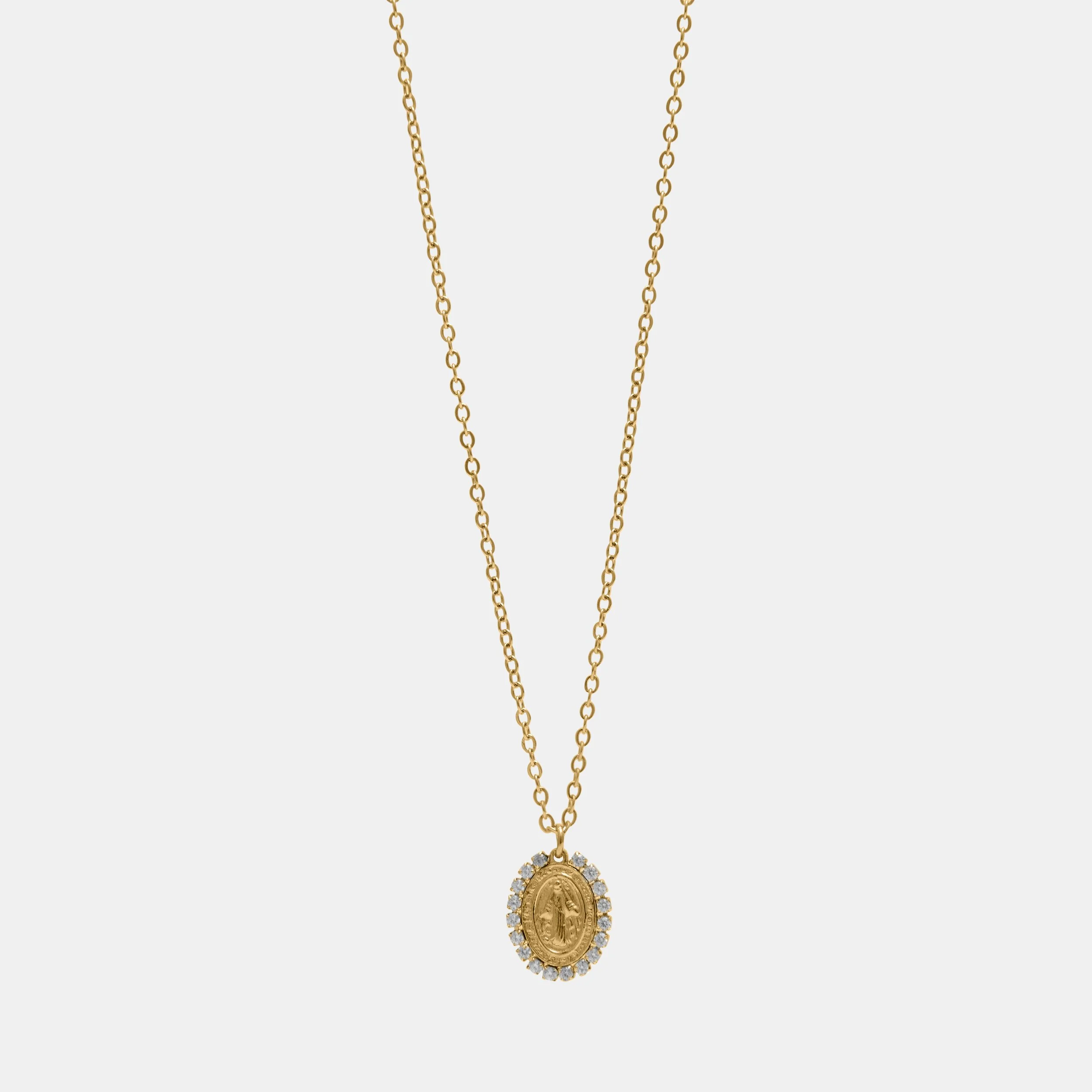 CRYSTAL FRAMED VIRGIN MARY COIN PENDANT NECKLACE
