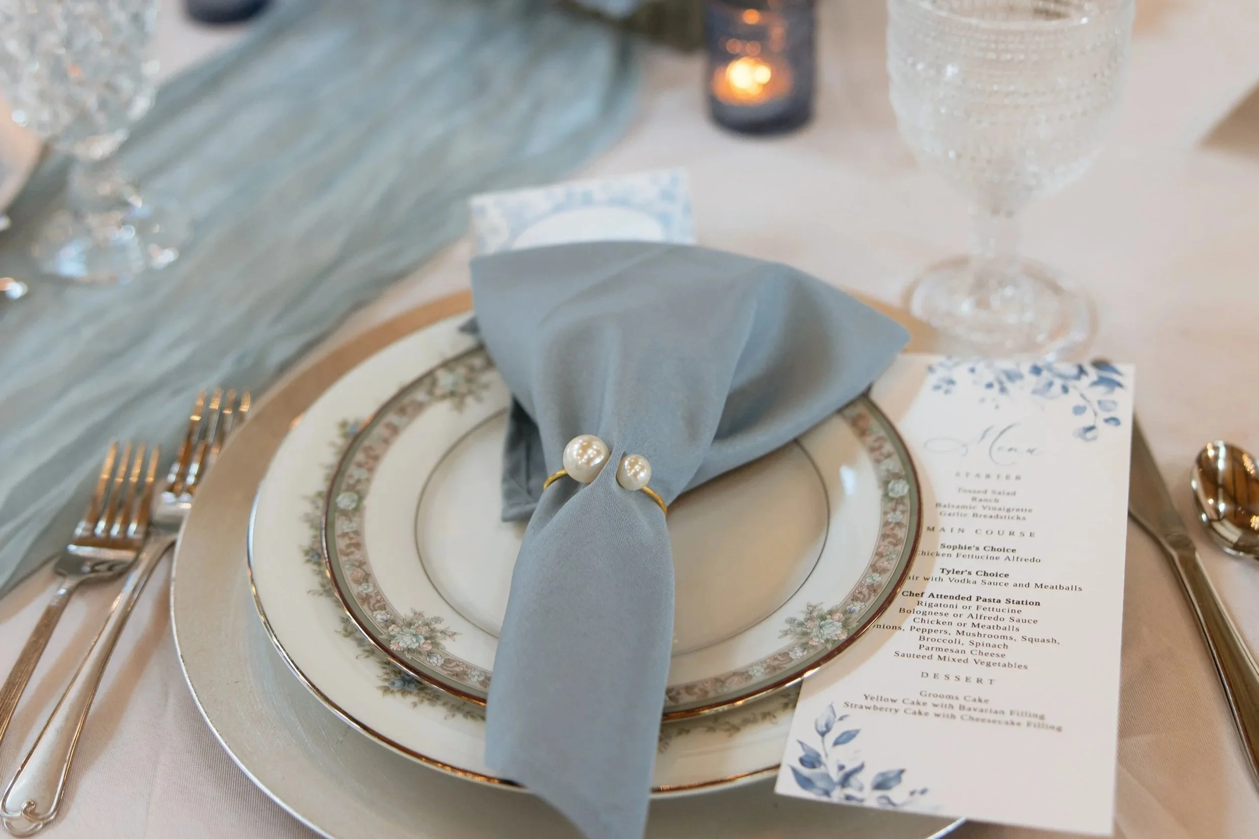 Table setting for an elegant Rehearsal Dinner