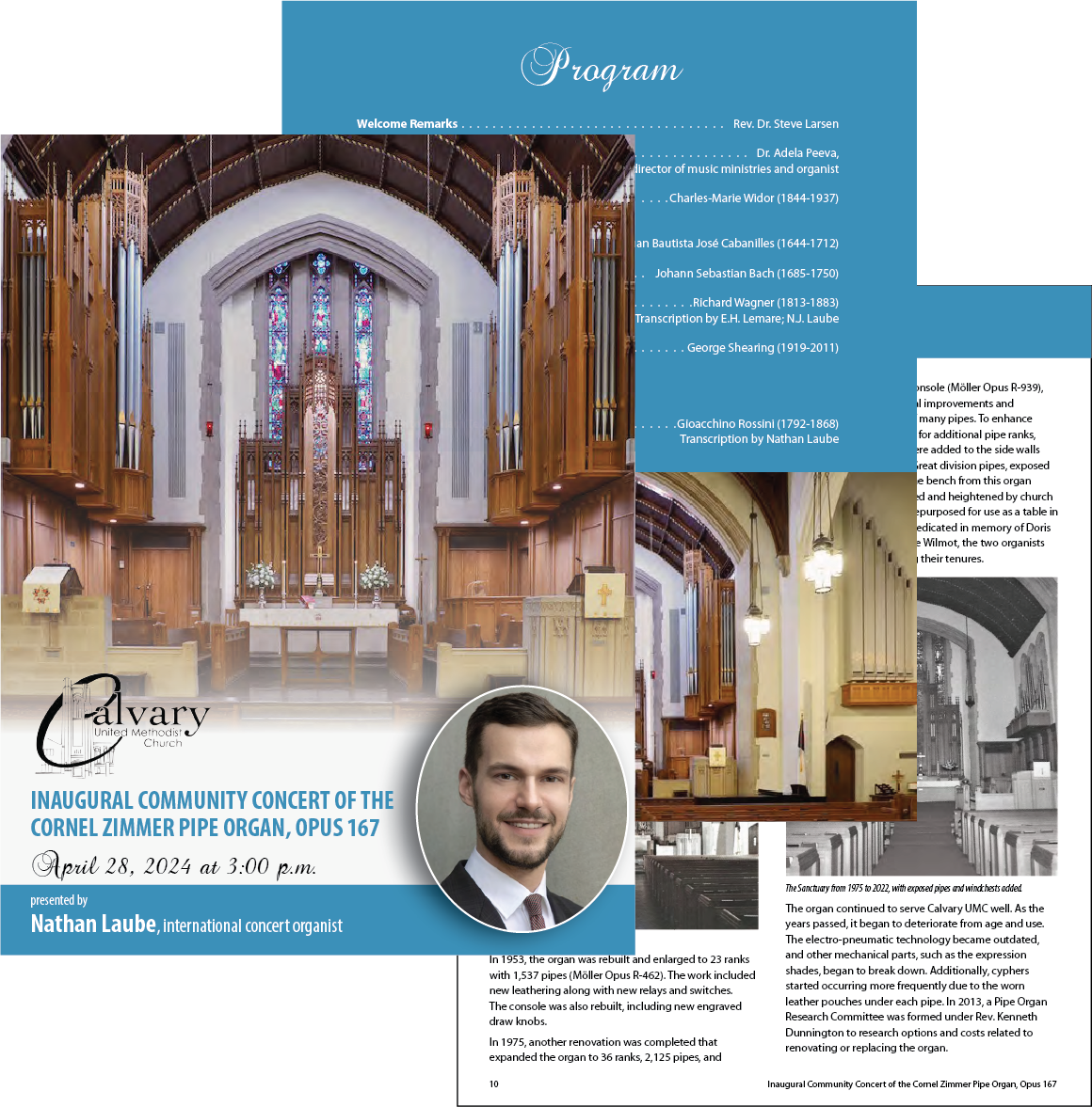 Flyer for the inaugural community concert of the Cornel Zimmer Pipe Organ, Opus 167, at Calvary United Methodist Church on April 28, 2024, at 3:00 p.m., featuring Nathan Laube. The flyer includes images of the church interior, program details, and a 