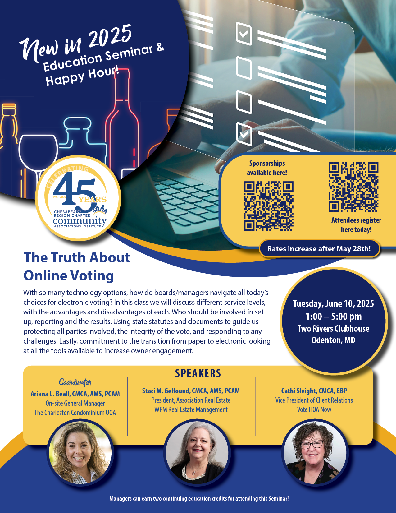 A promotional flyer for an online voting education seminar in 2025, celebrating 45 years of the Chesapeake Region Chapter Community Associations Institute. The flyer features neon icons of bottles and glasses, a digital checklist overlay, event detai