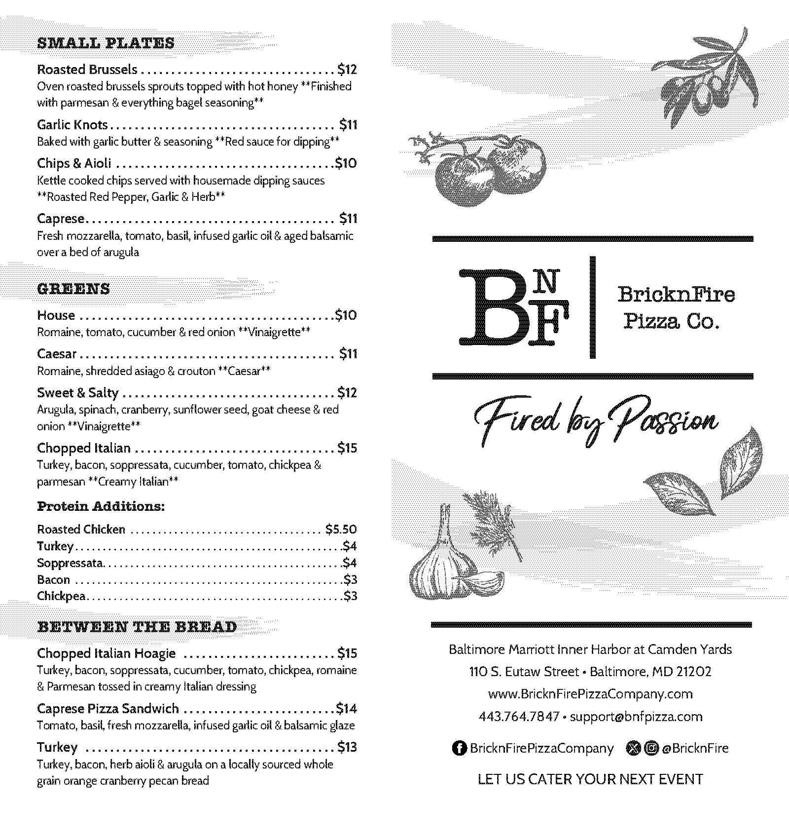 A menu for BricknFire Pizza Co. featuring small plates, greens, and between the bread sections with various food options and prices, along with decorative drawings of garlic, olive branches, and leaves, and the restaurant's name and location at Balti