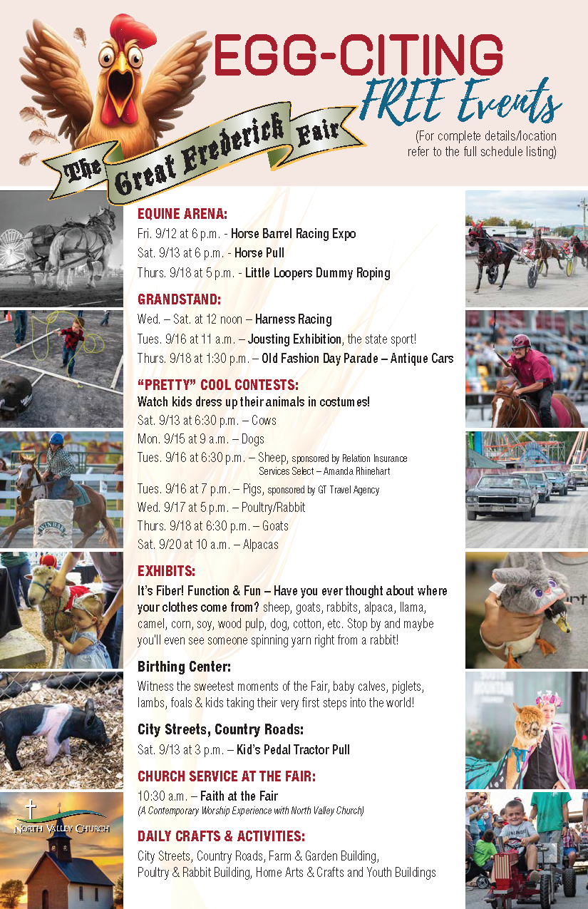 A flyer for the Great Frederick Fair featuring events including horse racing, a horse pull, an antique car parade, kids' costume contests, and various exhibits and activities.