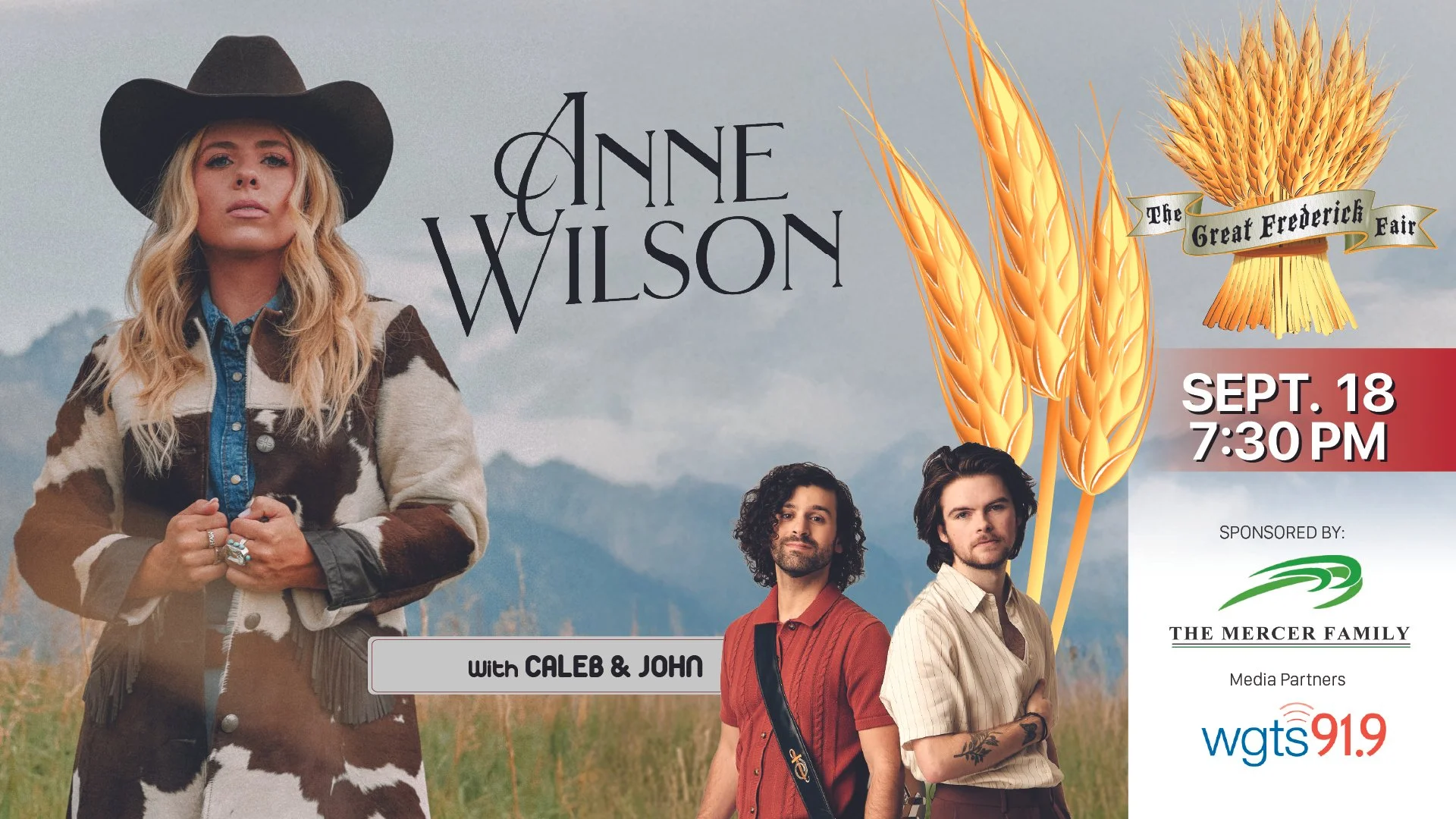 Promotional poster for a concert by Anne Wilson, featuring a woman in a cowgirl hat and a cow print jacket, and two men holding guitars, outdoors with mountains in the background. The event is on September 18 at 7:30 PM, sponsored by The Mercer Family, with media partners Wgts 91.9 and other logos.