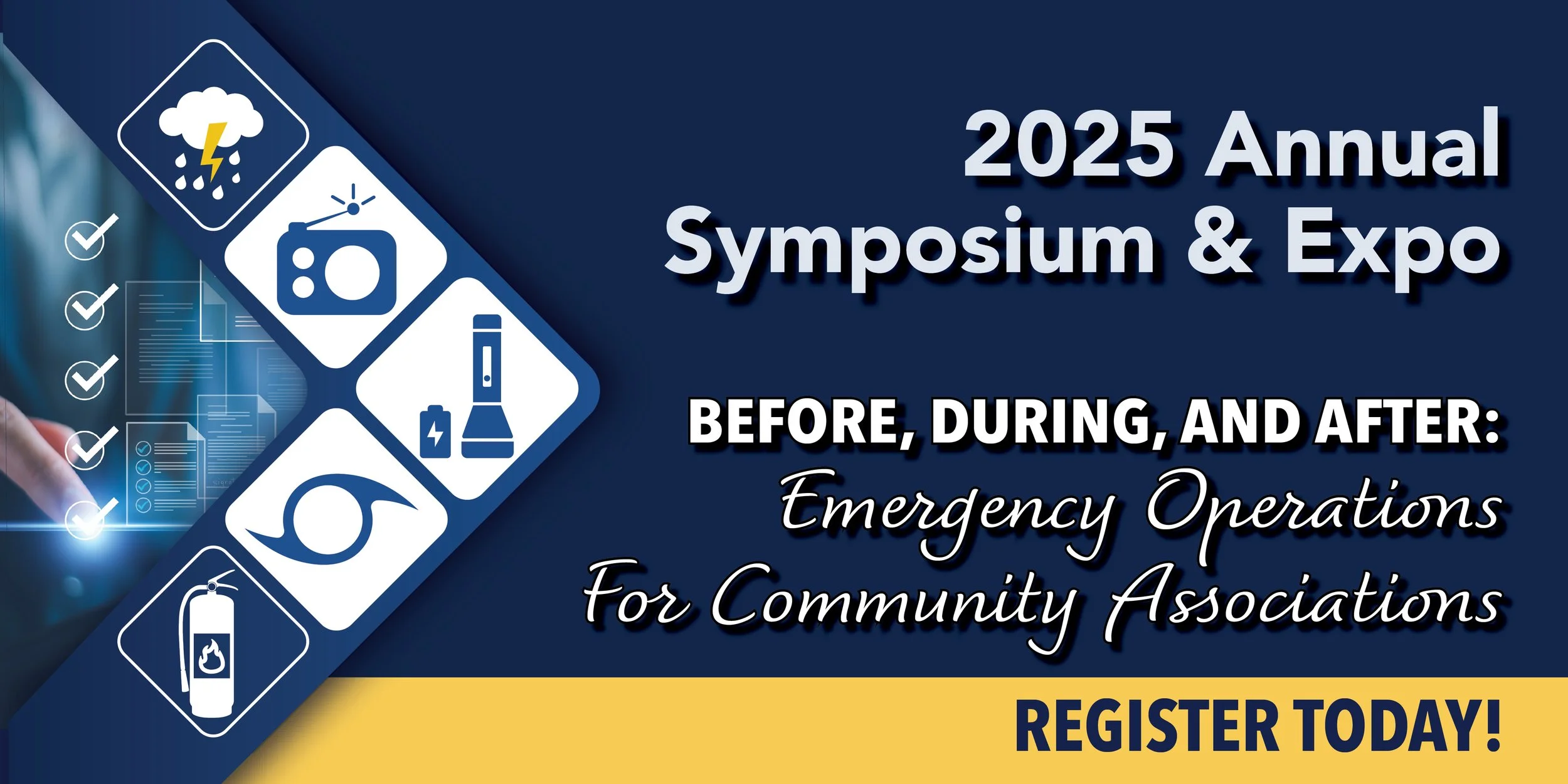 Promotional flyer for the 2025 Annual Symposium & Expo focusing on emergency operations for community associations, with icons representing weather, communication, and safety.