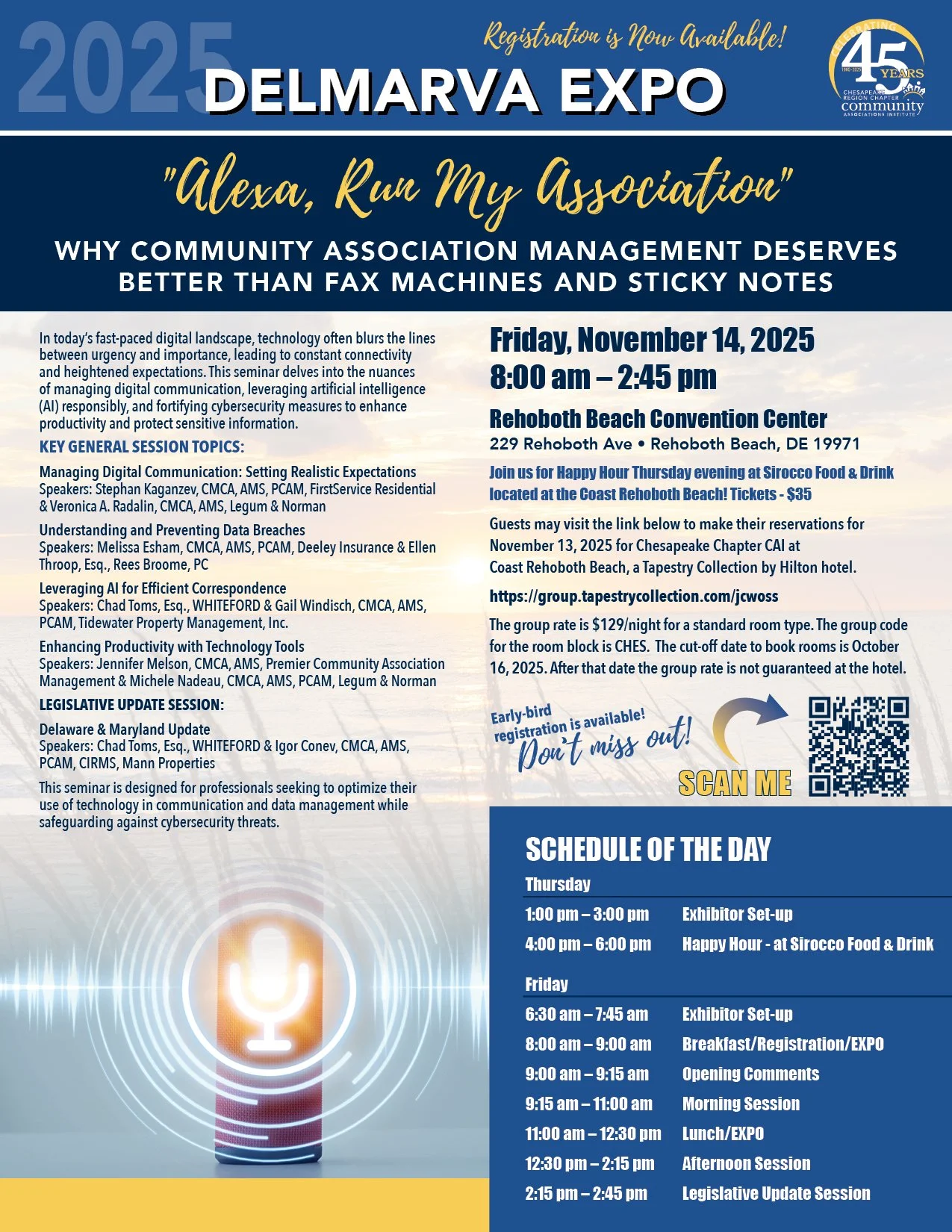 A promotional flyer for the 2025 Delmarva Expo with the theme 'Alexa, Run My Association,' showcasing event details, schedule, and topics related to community association management, technology, and cybersecurity, at Rehoboth Beach Convention Center 