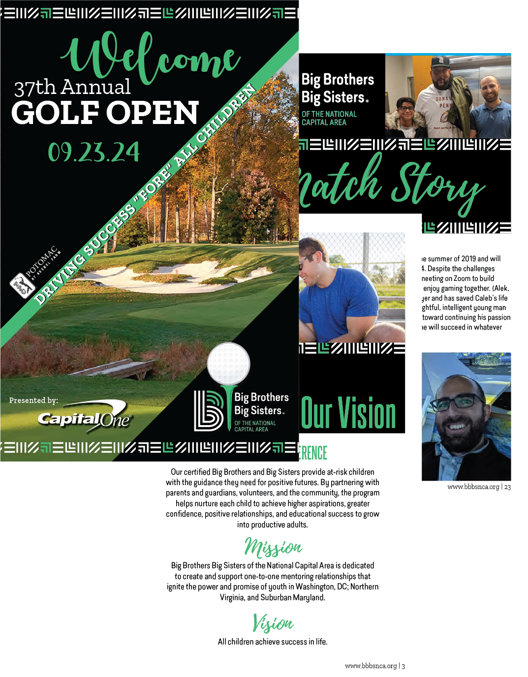 Flyer for the 37th Annual Golf Open event featuring images of a golf course, children, and adults, with event details, sponsors, and the organization Big Brothers Big Sisters.