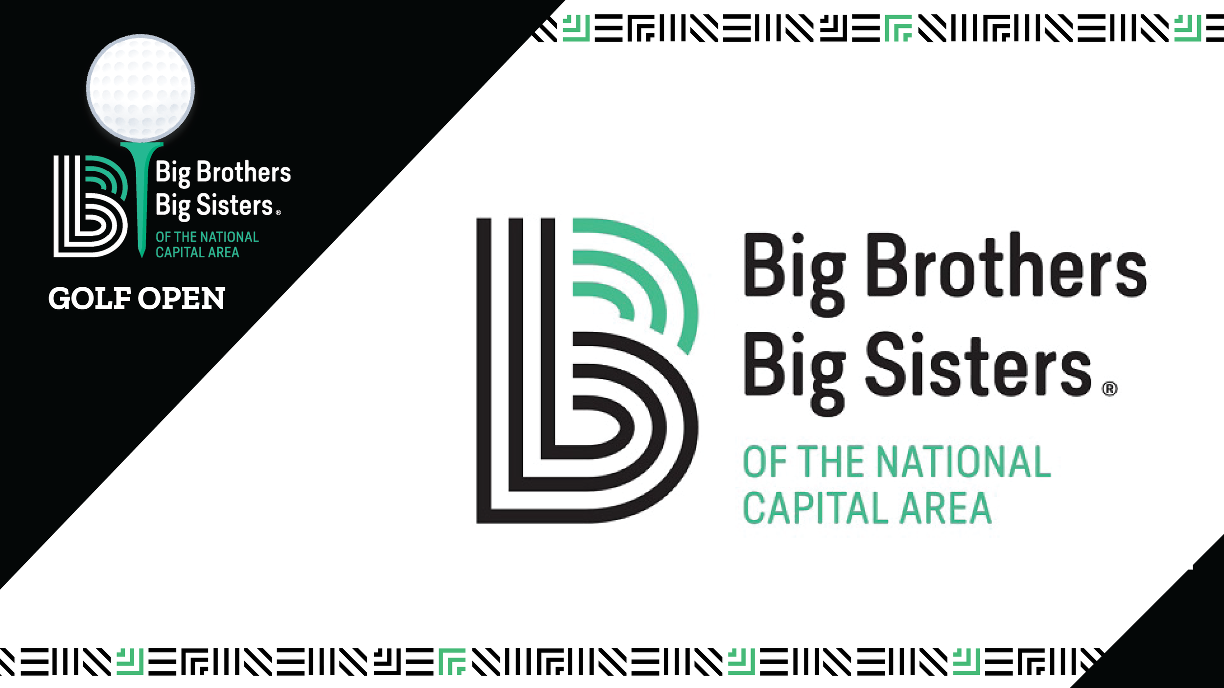 Logo for the Big Brothers Big Sisters organization of the national capital area, featuring stylized black and green 'B' with a golf ball on top, and text indicating a golf open event.