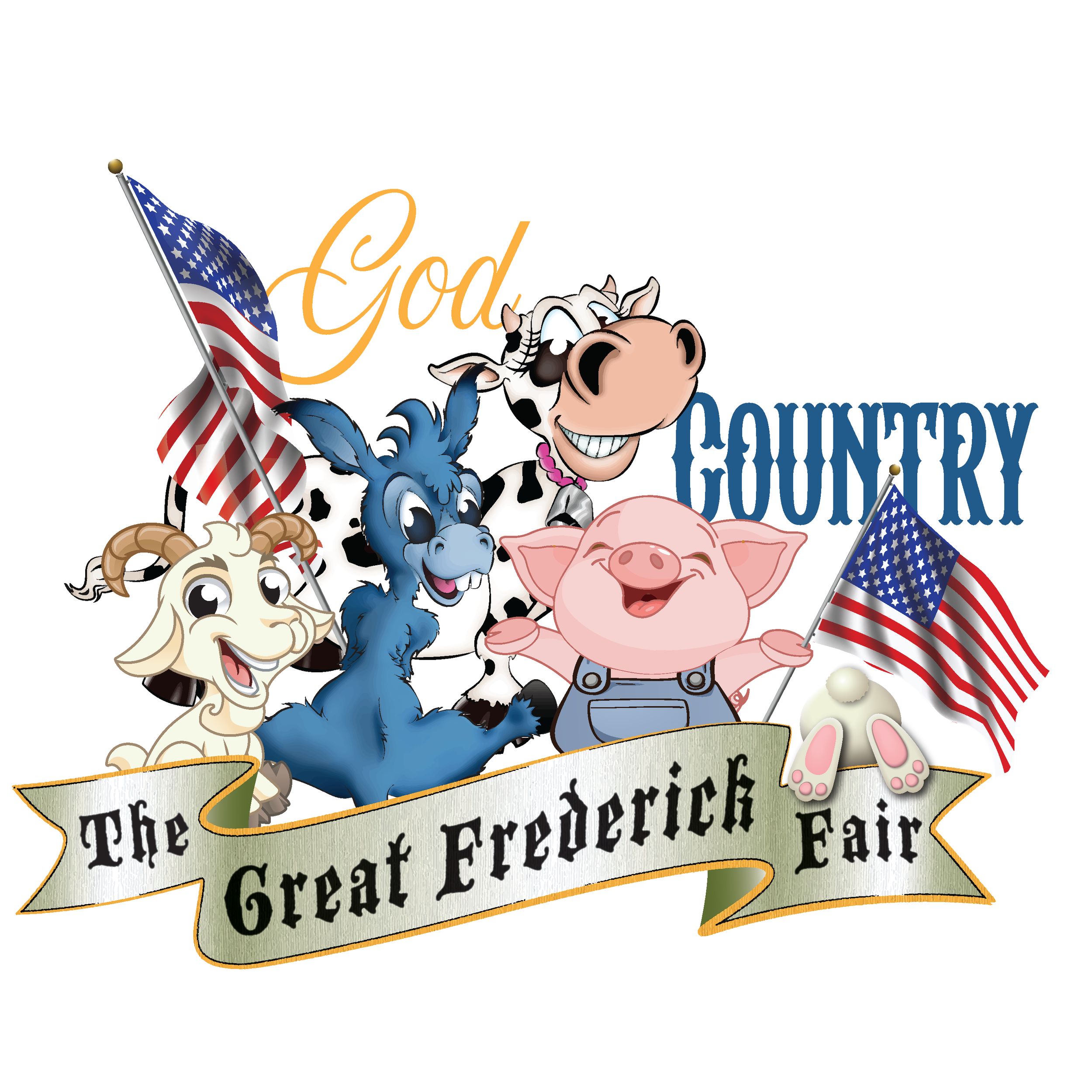 Cartoon farm animals including a sheep, cow, goat, pig, chicken, and rabbit holding American flags with text about the importance of farm life and heritage.