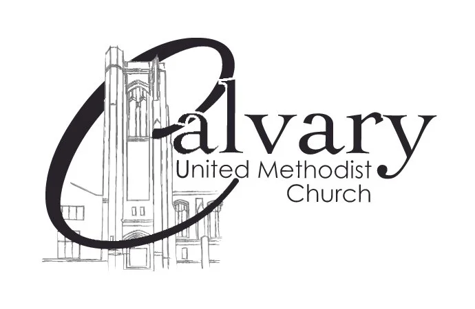 Logo of Calvary United Methodist Church featuring a line drawing of a church building and the text 'Calvary United Methodist Church' with a large stylized 'C'.