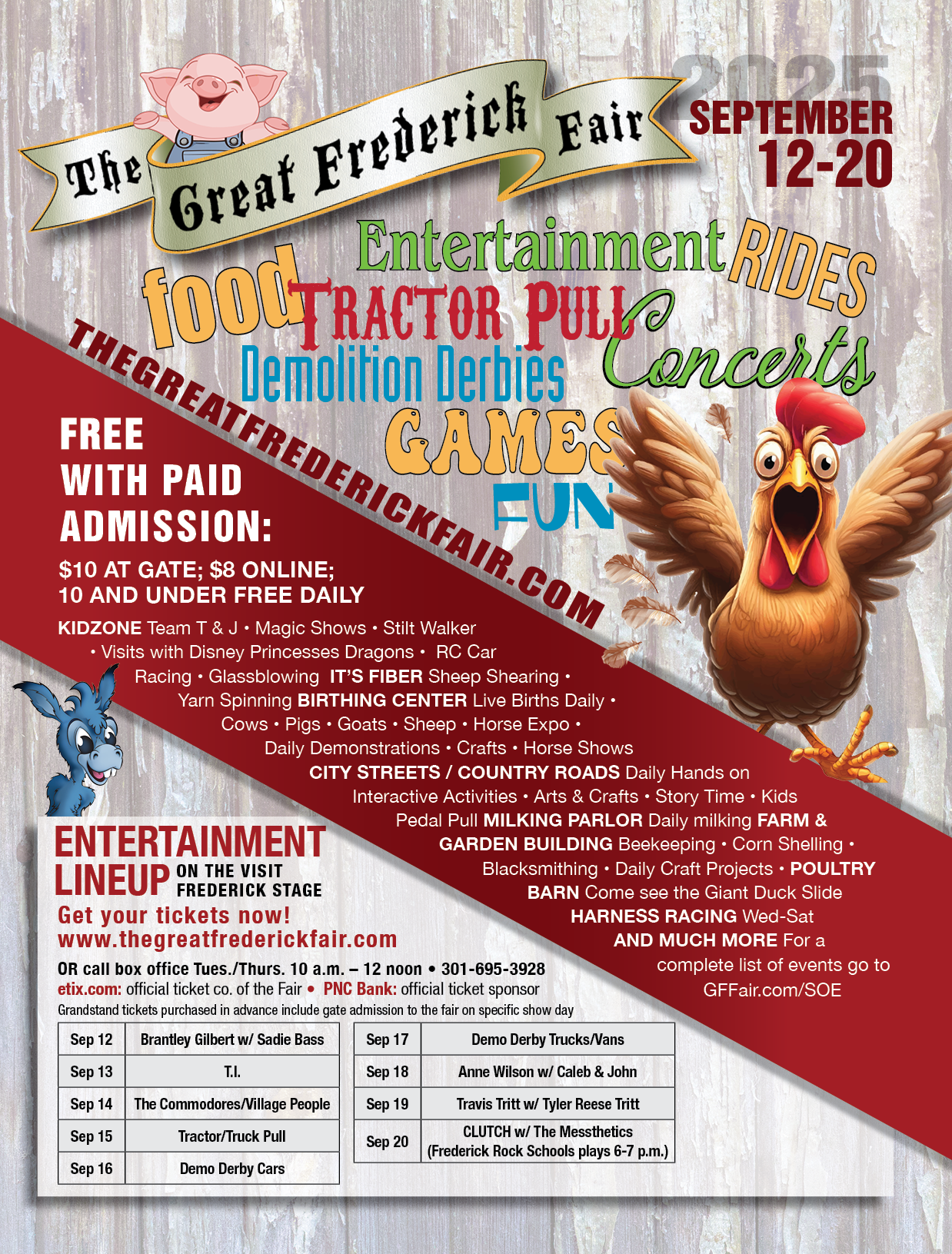 A colorful promotional flyer for the Great Frederick Fair 2025, taking place September 12 to 20. The flyer features animated farm animals, including a pig and a chicken, with various activities such as food, rides, entertainment, games, fun, concerts