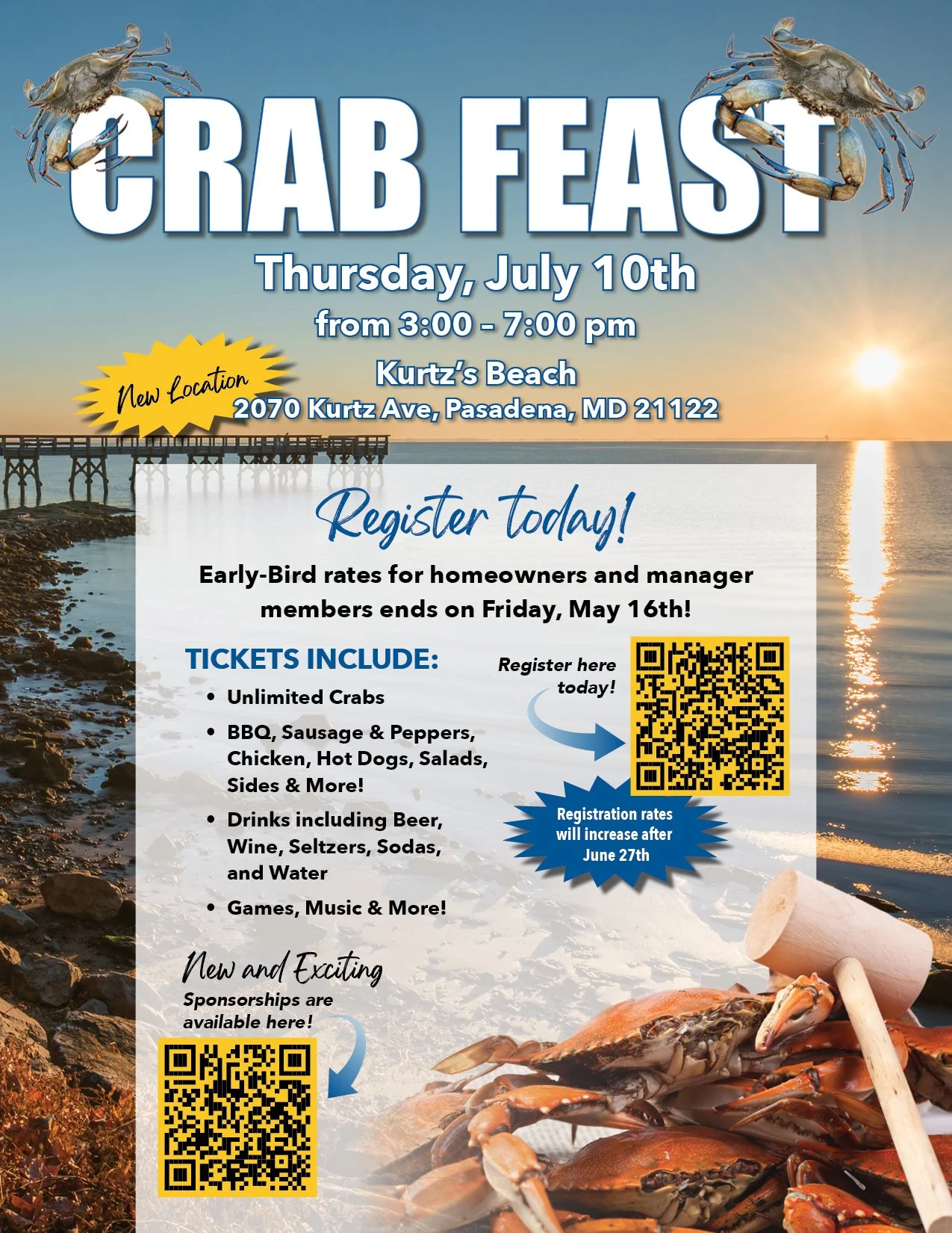 A colorful flyer advertising a crab feast event with details including date, time, location, and menu, featuring a beach sunset background with crabs and a pier.