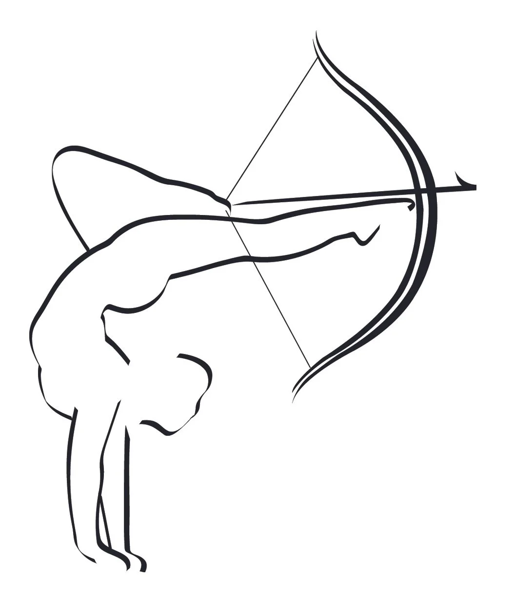 A line art drawing of a person with wings, hanging upside down, with one arm extended forward and a pointed object in their hand, against a background that resembles a moon or planet.