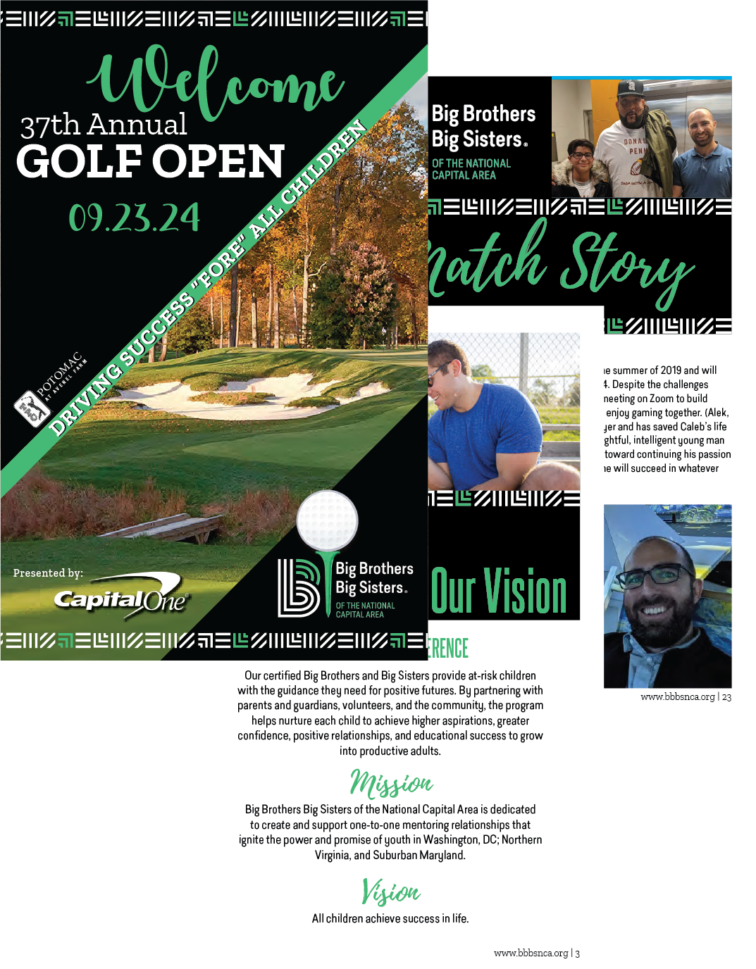 Promotional poster for the 37th Annual Golf Open event on September 23, 2024, featuring images of people, a golf course, and event information for Big Brothers Big Sisters of the National Capital Area.