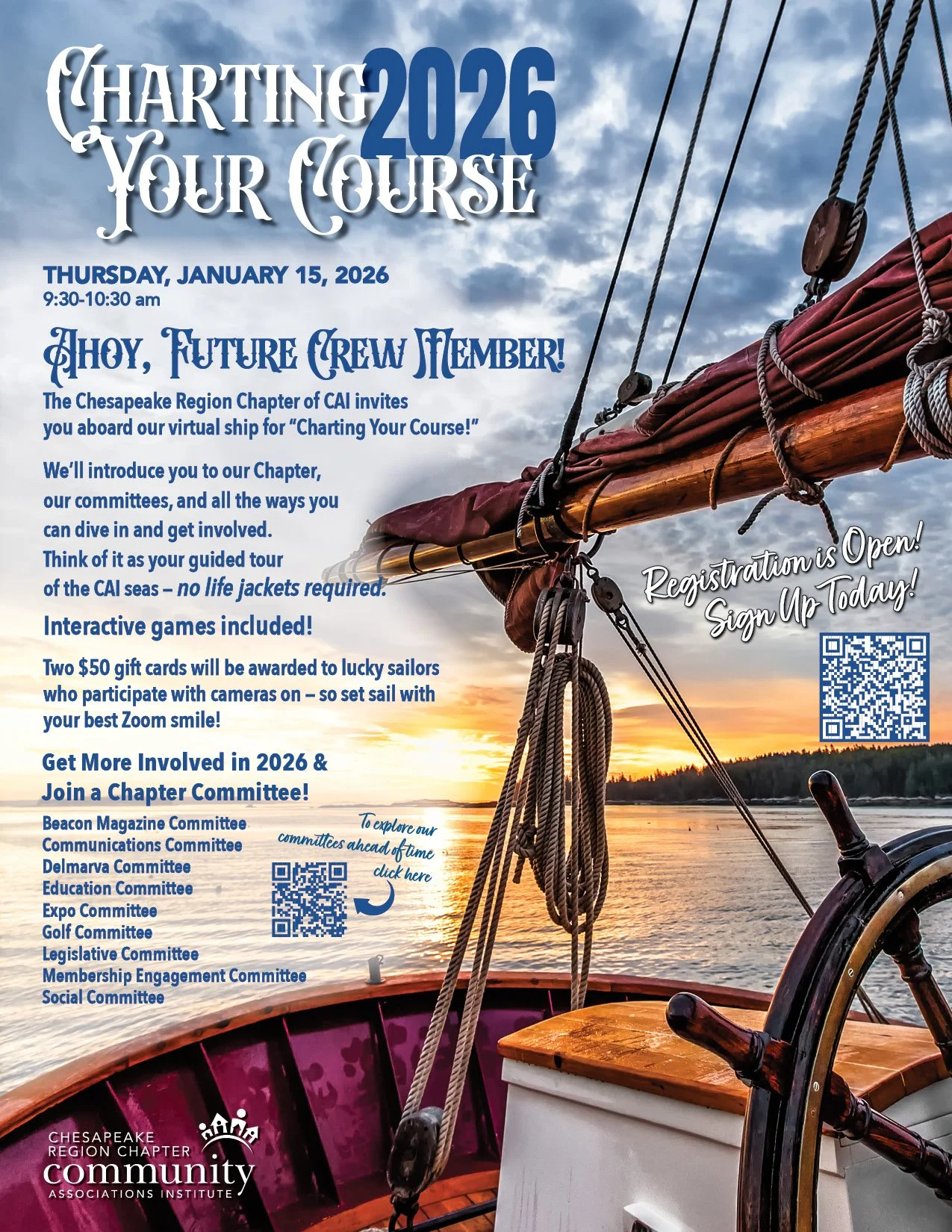 A poster for a Chesapeake Region Chapter event titled 'Charting Your Course 2026', scheduled for Thursday, January 15, 2026, from 9:30 to 10:30 am. The poster features a photograph of a ship's deck with rigging and a steering wheel overlooking a body