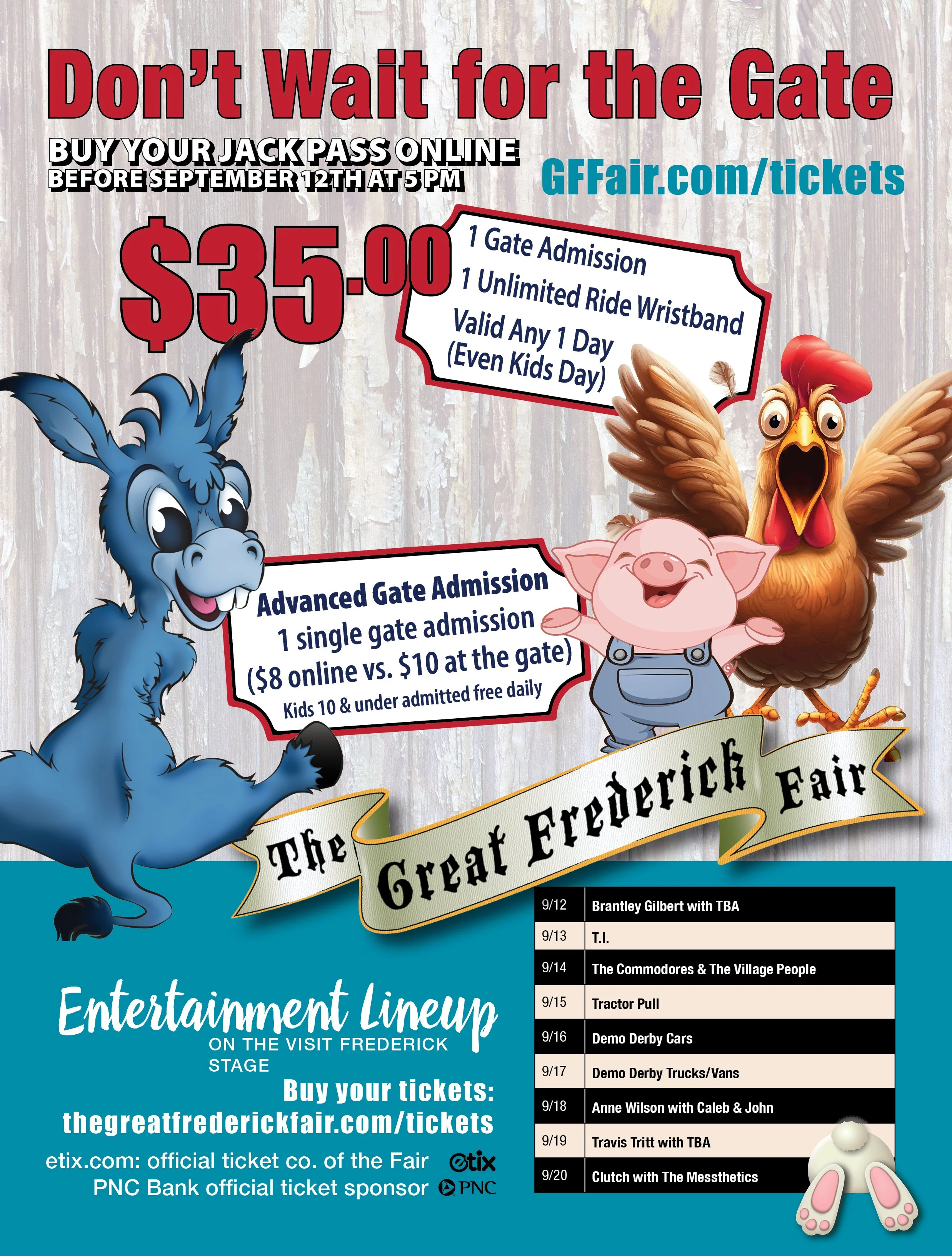 Poster advertising the Fredrick Fair with cartoon animals including a blue donkey, a pink pig, and a brown turkey. The poster promotes online ticket sales, prices, event schedule, and sponsors.