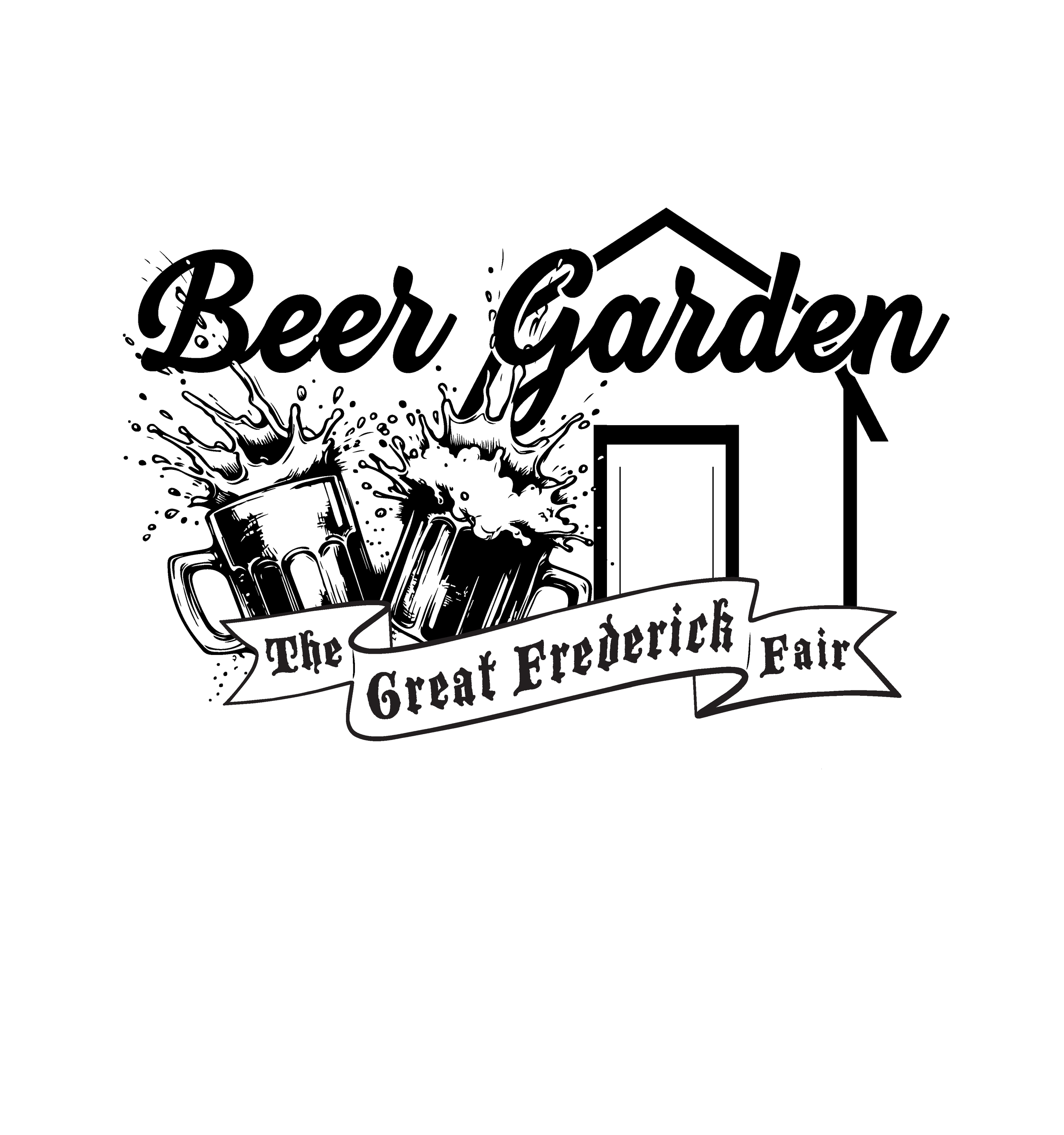 Black and white logo of a beer garden, featuring two clinking beer mugs with splashes, alongside text that reads 'Beer Garden' and a ribbon banner with the phrase 'The Great Frederick Fair.'