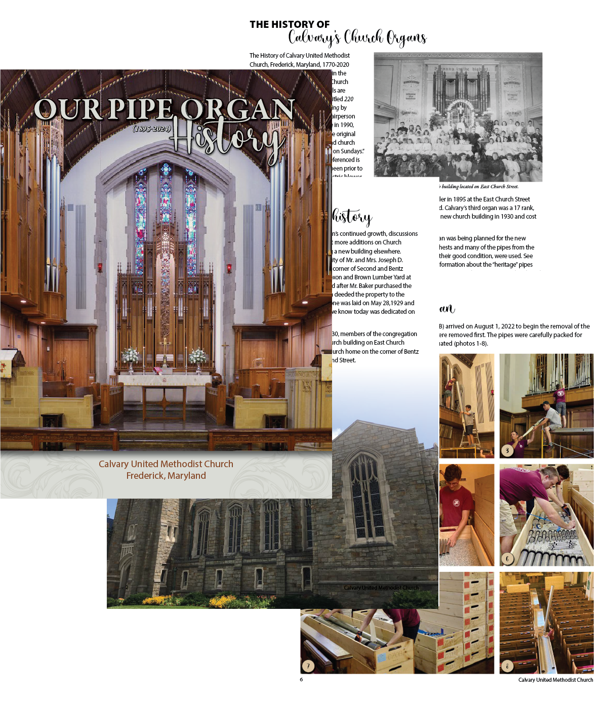 A collage of images related to Calvary United Methodist Church in Frederick, Maryland. The main image shows the church's interior with a wooden altar, stained glass windows, and organ pipes. Smaller images depict the exterior of the church, and peopl