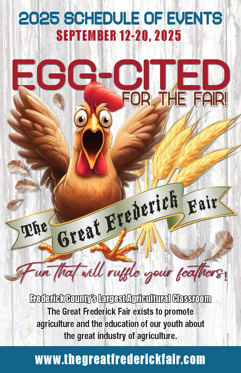 Poster for the 2025 Great Frederick Fair, featuring a cartoon chicken with wings spread and feathers around it, promoting the egg-cited event from September 12 to 20, 2025, with the tagline "Fun that will ruffle your feathers" and the website www.the
