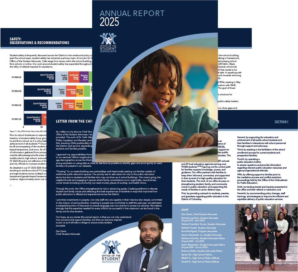 Cover of the 2025 annual report for the Office of the Student Advocate, featuring a photo of a young person writing, a second group of students walking, and various sections of text and charts.