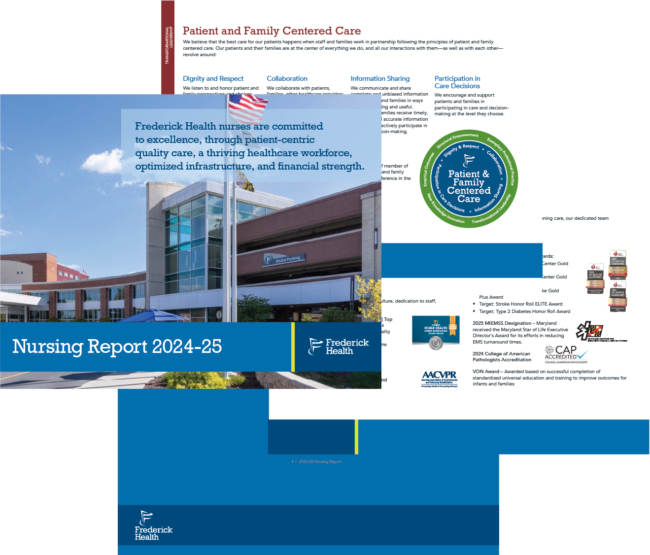 Cover page of Frederick Health Nursing Report 2024-25 featuring a modern hospital building with a flag, some trees, and a partly cloudy sky.