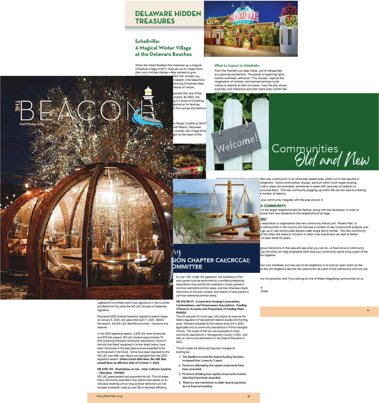 Collage of three images: a festive holiday village building with Christmas lights, an outdoor glamping pod decorated for the holidays, and a government document with a scale and a grassy landscape in the background.