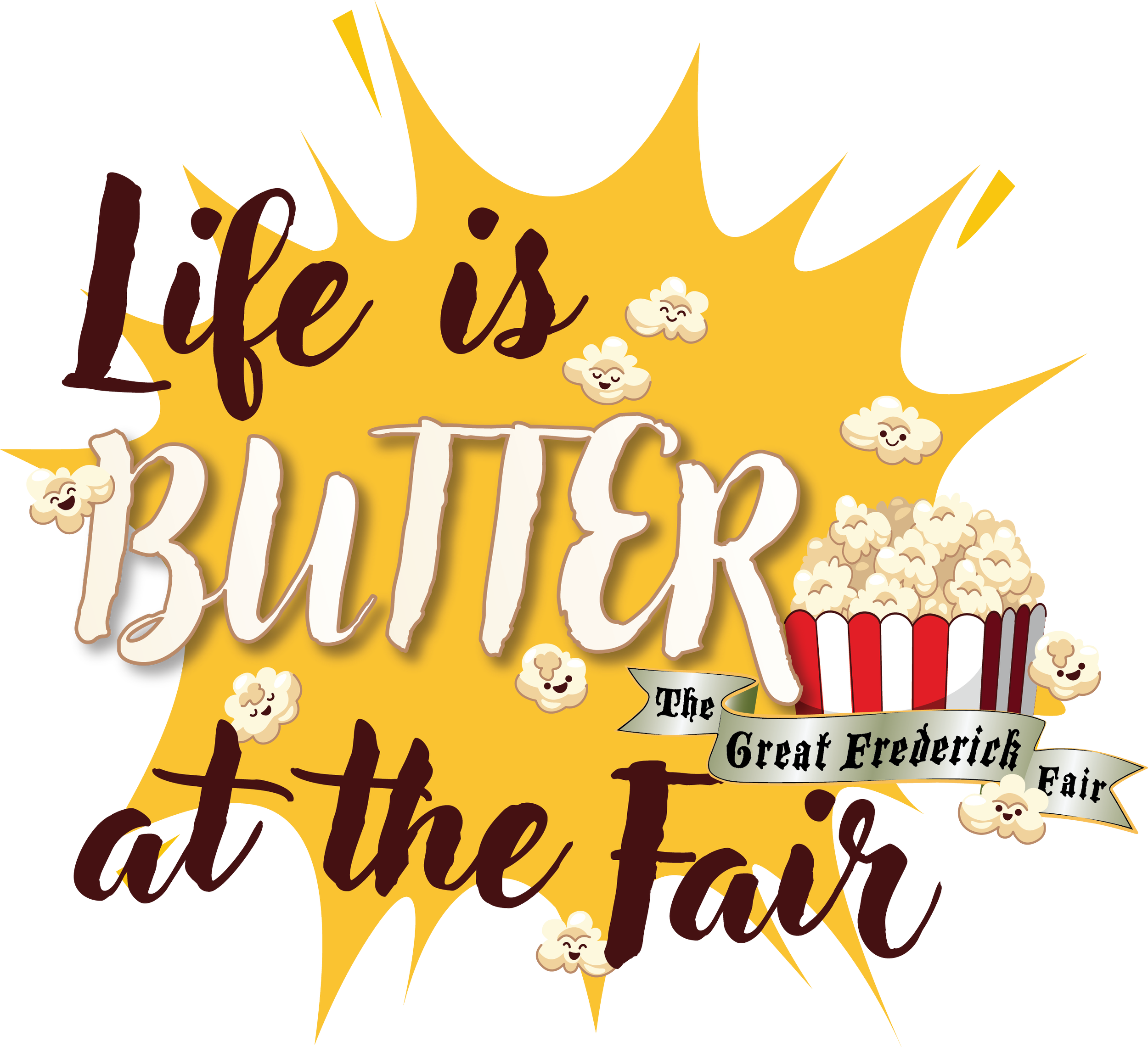 Decorative popcorn themed poster with text and smiling popcorn kernel characters.