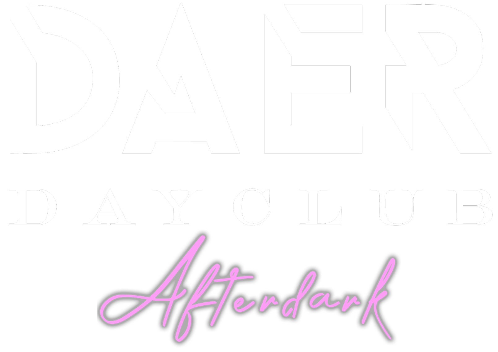 Logo with the words 'DATER' in large 3D black and white letters, 'DAY CLUB' in smaller white letters, and 'Afterdark' in pink cursive.