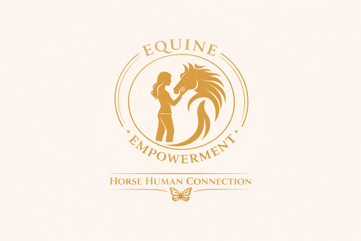 A logo featuring a silhouette of a woman touching a horse's face, with the words 'Equine Empowerment' and 'Horse Human Connection' along with a butterfly symbol.