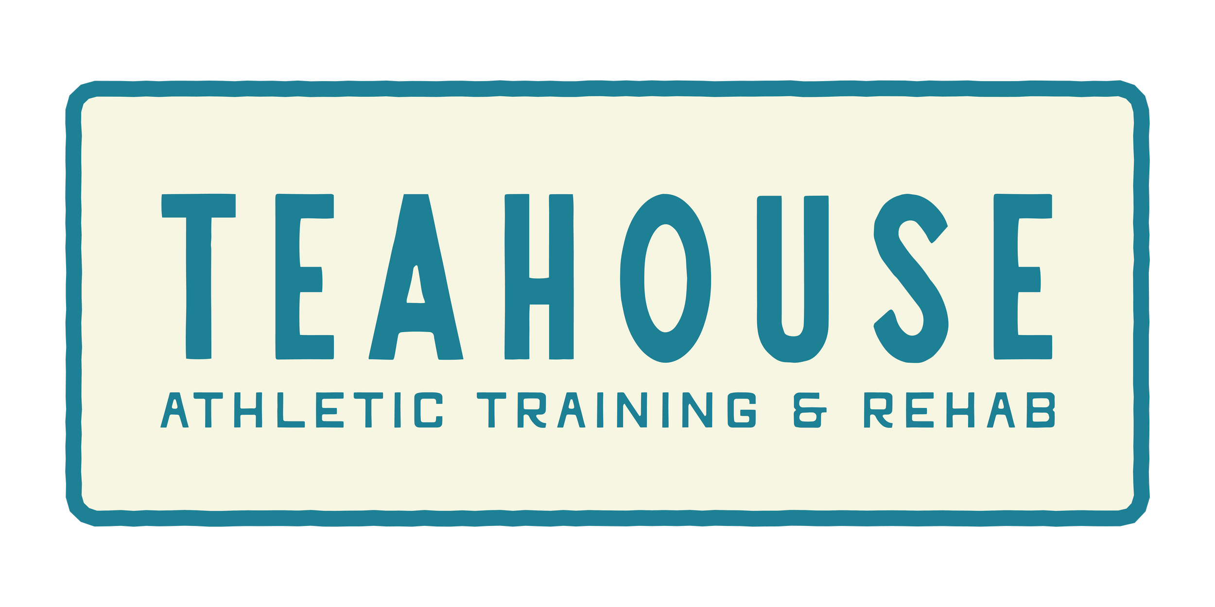Logo for Teahouse Athletic Training & Rehab with a cream background and teal border and text