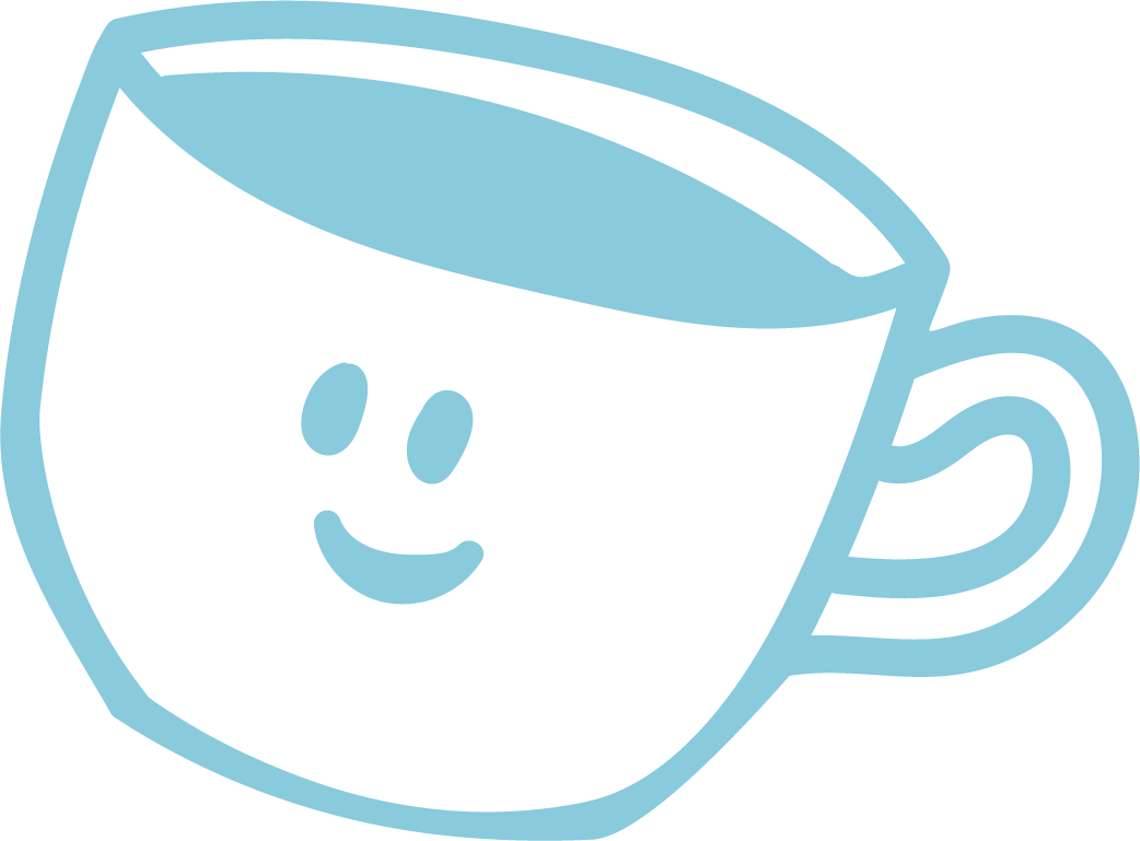 A cartoon illustration of a smiling coffee mug with a face, filled with liquid, outlined in blue.