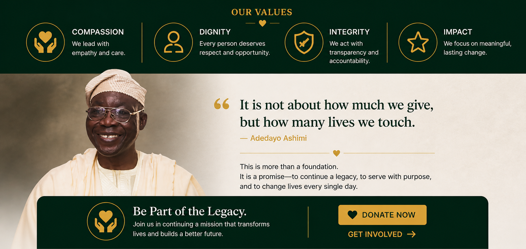 An organization’s values webpage featuring a smiling man in traditional African clothing, with sections about compassion, dignity, integrity, and impact. There is a quote about touching lives, and a call-to-action button for donations.