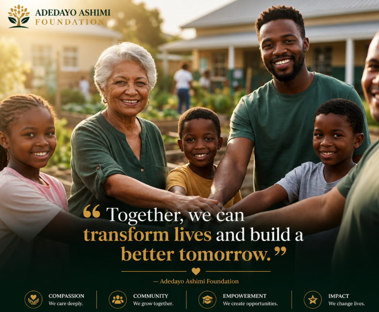 Group of diverse people, including children and adults, smiling and holding hands outside a building with a garden in the background, promoting the Adedayo Ashimi Foundation.