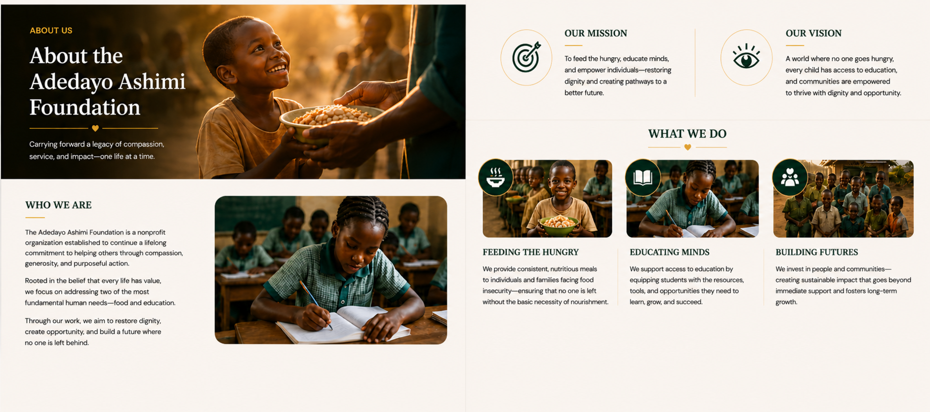 A website page for the Adedayo Ashimi Foundation featuring a smiling young boy receiving food, with sections describing the organization's mission, vision, and activities such as feeding the hungry, educating minds, and building futures. The page includes images of children in a classroom and a group of children outdoors.