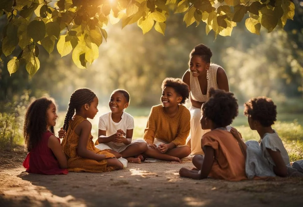 A group of young girls and an adult woman sitting on the ground outdoors, under a tree, smiling and laughing together in warm sunlight.