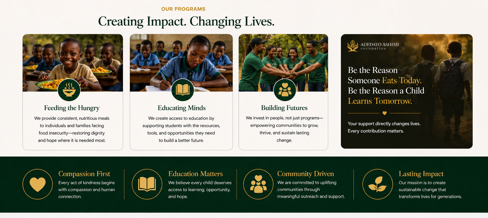 A website section showing the impact of a foundation's programs, including images of children eating, studying, and community members. Text highlights feeding the hungry, educating minds, and building futures, along with a quote about making a difference.