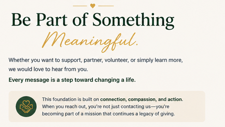 A motivational message encouraging involvement in a cause, emphasizing support, partnership, volunteering, and learning. Includes a logo with two hands holding a heart and a brief paragraph about connection, compassion, and action.