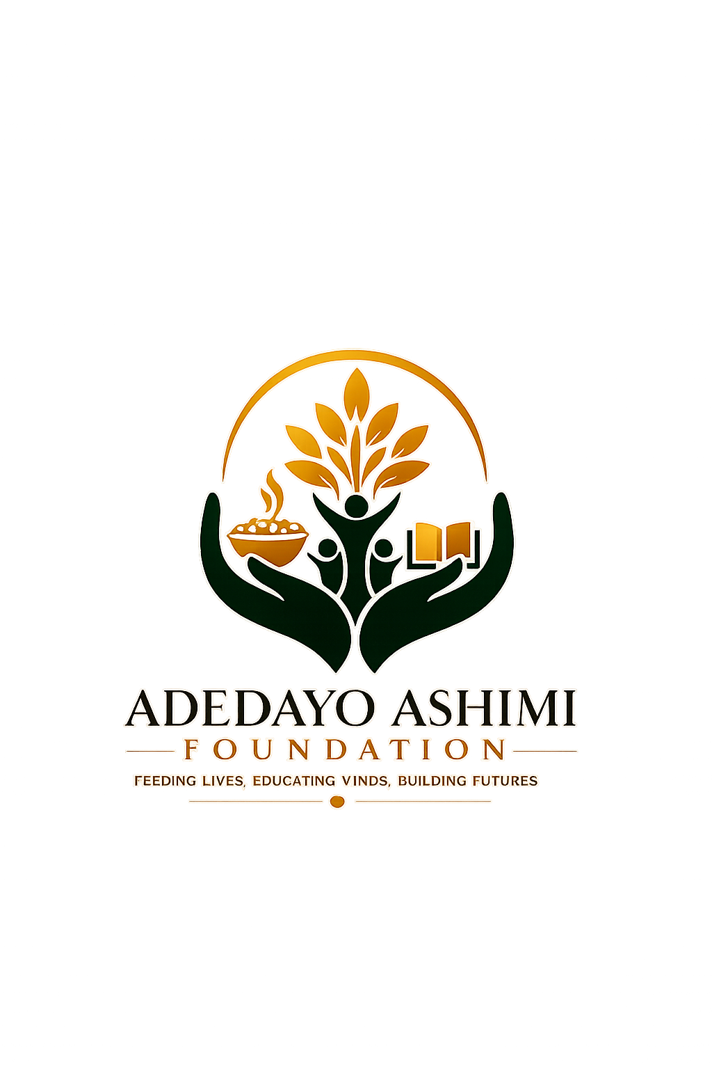 Logo of the Adedayo Ashimi Foundation featuring a stylized tree with leaves, a person, a bowl of food, and a book, with the foundation's name and the tagline "Feeding Lives, Educating Vinds, Building Futures."