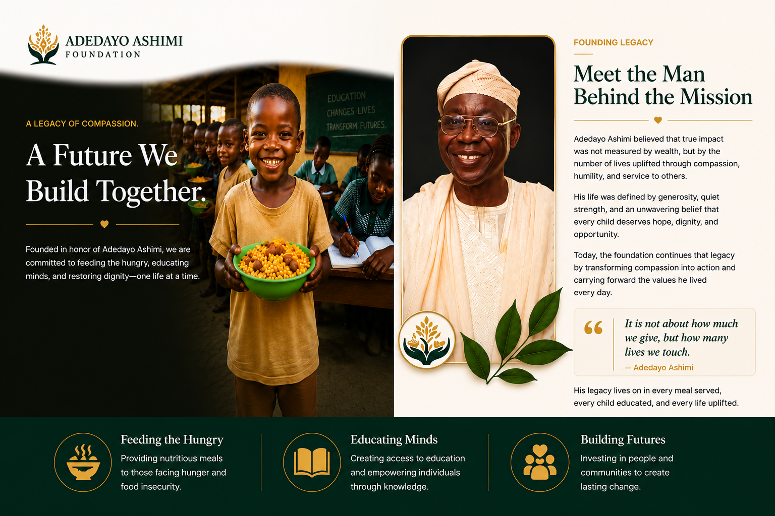 A webpage about the Adedayo Ashimi Foundation featuring a smiling young boy holding a bowl of food in a classroom, and a portrait of an older woman wearing glasses and a head wrap, with text describing the foundation's mission and legacy.