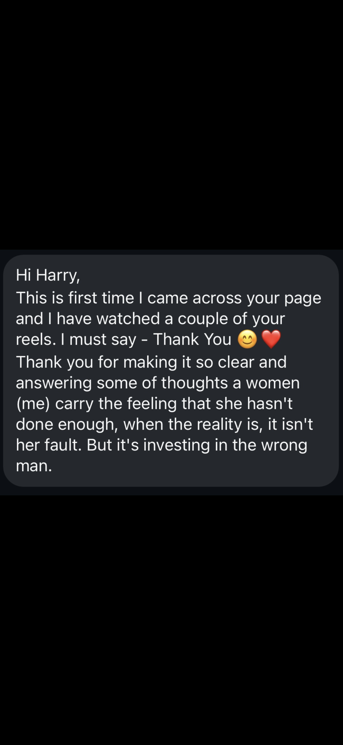 A screenshot of a message expressing appreciation for a social media reel, thanking the creator for clarity and emotional insight.