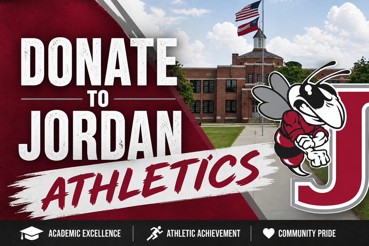 Text overlay reading 'Donate to Jordan Athletics' over a background of a school building with American and state flags, and a cartoon mascot in a red and black athletic uniform.