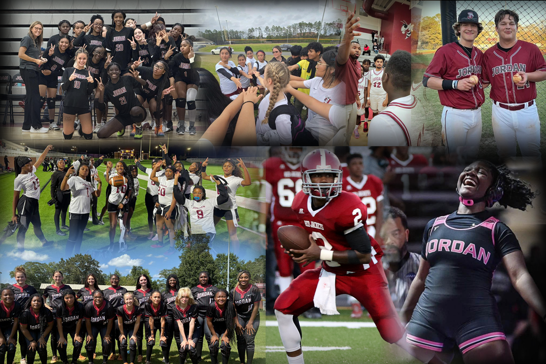 Collage of girls' sports teams and athletes, including volleyball, basketball, football, soccer, and cheerleading, all wearing 'Jordan' uniforms and gear.