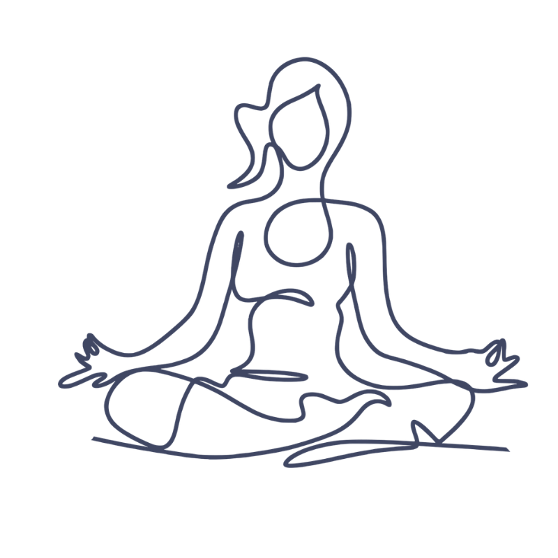 Minimalist line drawing of a woman meditating in a seated yoga pose.