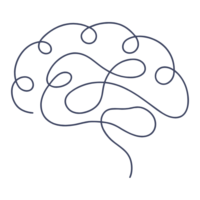 A line drawing of a human brain made up of a continuous wavy line.