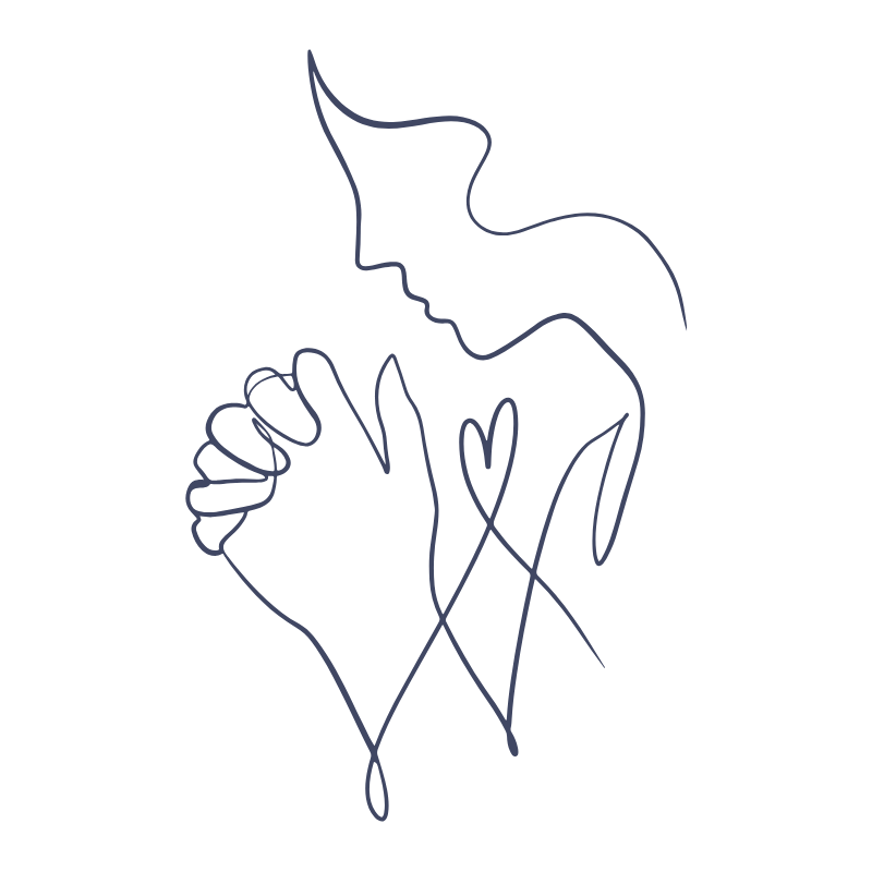 Line drawing of a woman with closed eyes, holding her hands in a prayer position near her face, with a small heart on her chest, on a black background.